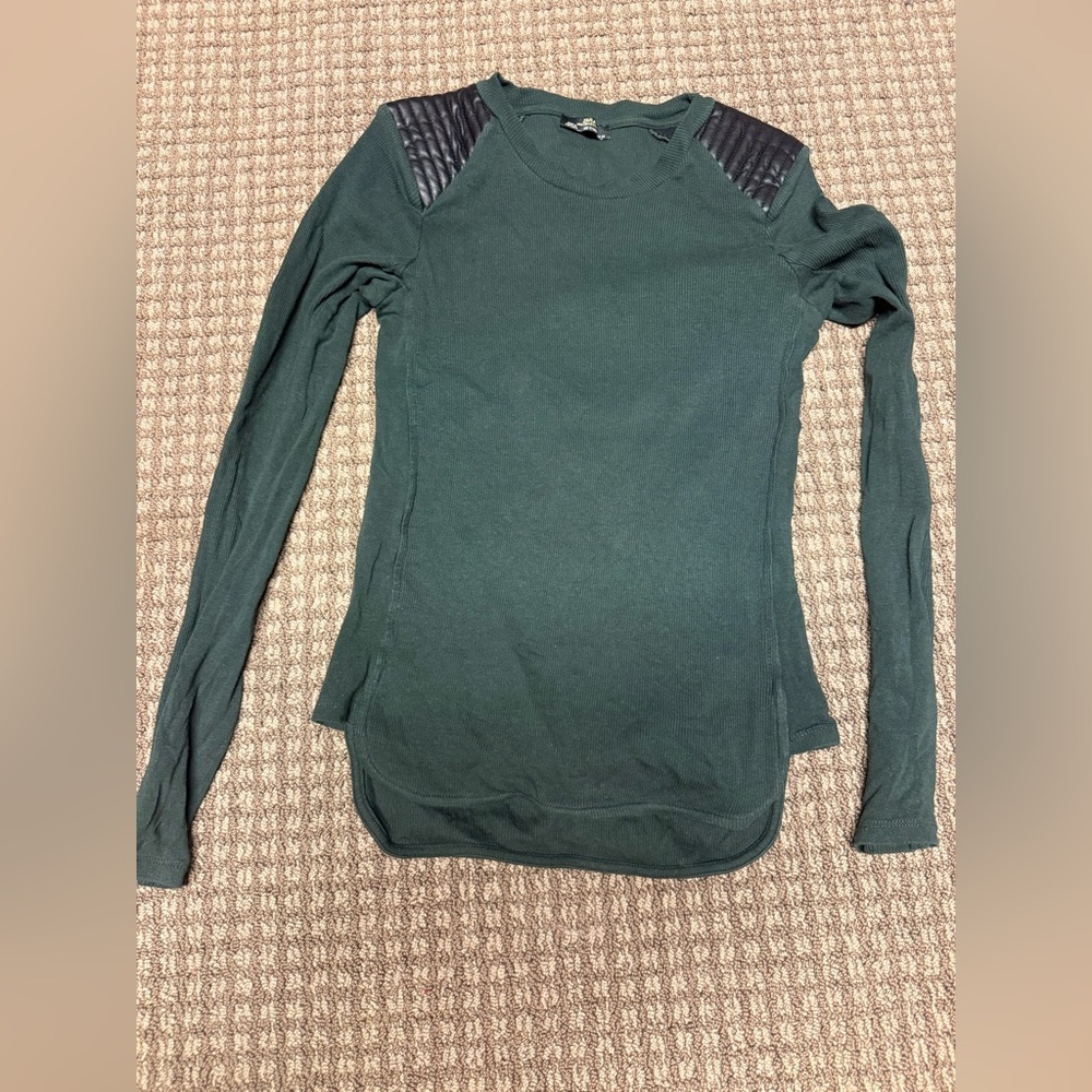 Zara Dark Green Long Sleeve Top with Black Faux Leather Shoulder Accents szS